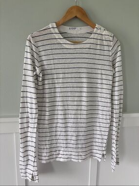Stateside White Crewneck Top with Black Stripes and Shoulder Buttons